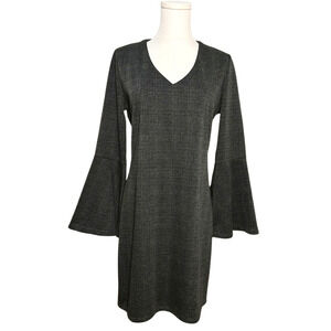 Dex Clothing Charcoal Gray Tartan Plaid Bell Sleeve V Neck Mini Dress Medium